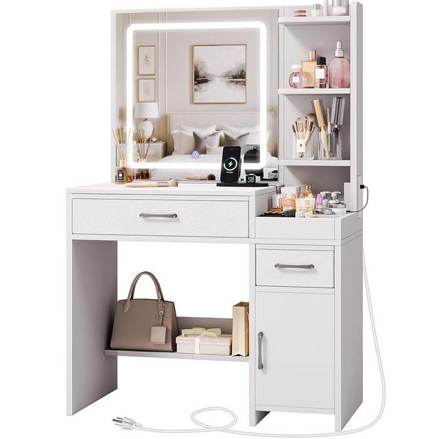 GREENSTELL Vanity Makeup Desk with Mirror and Lights, Makeup Table with Power Strip, 11 Storage Area, 3 Color Mode with Adjustable Brightness, 3 Desktop Compartments, Dressing Table, 32.6", White