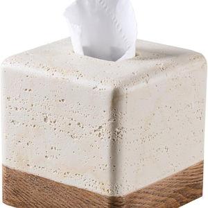 Natural Travertine Match Wooden Square Tissue Box Cover Decorative,Resin Heavy Sturdy Tissue Box Holder, Facial Paper Holder for Bathroom Vanity Countertop, Bedroom Night Stand,Office and End Table