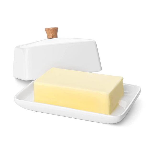Flexzion Ceramic Butter Dish and Lid Cover (8 Inch Wide) - East/West Butter Storage and Preservation Porcelain Container for Kitchen, Countertop, Fit for 8 Oz Butter Sticks or Blocks (White)