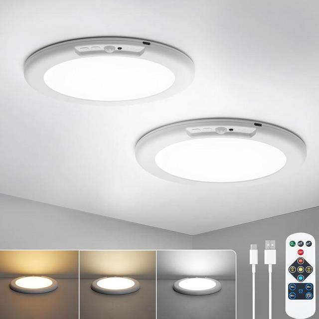 Combuh 2Pack Rechargeable Closet Lights Motion Sensored, Battery Powered Shower Lamp with Remote, Dimming Timing Cordless Ceiling Light Fixture for Pantry Laundry Bathroom Hallway, 7.48Inch, Round