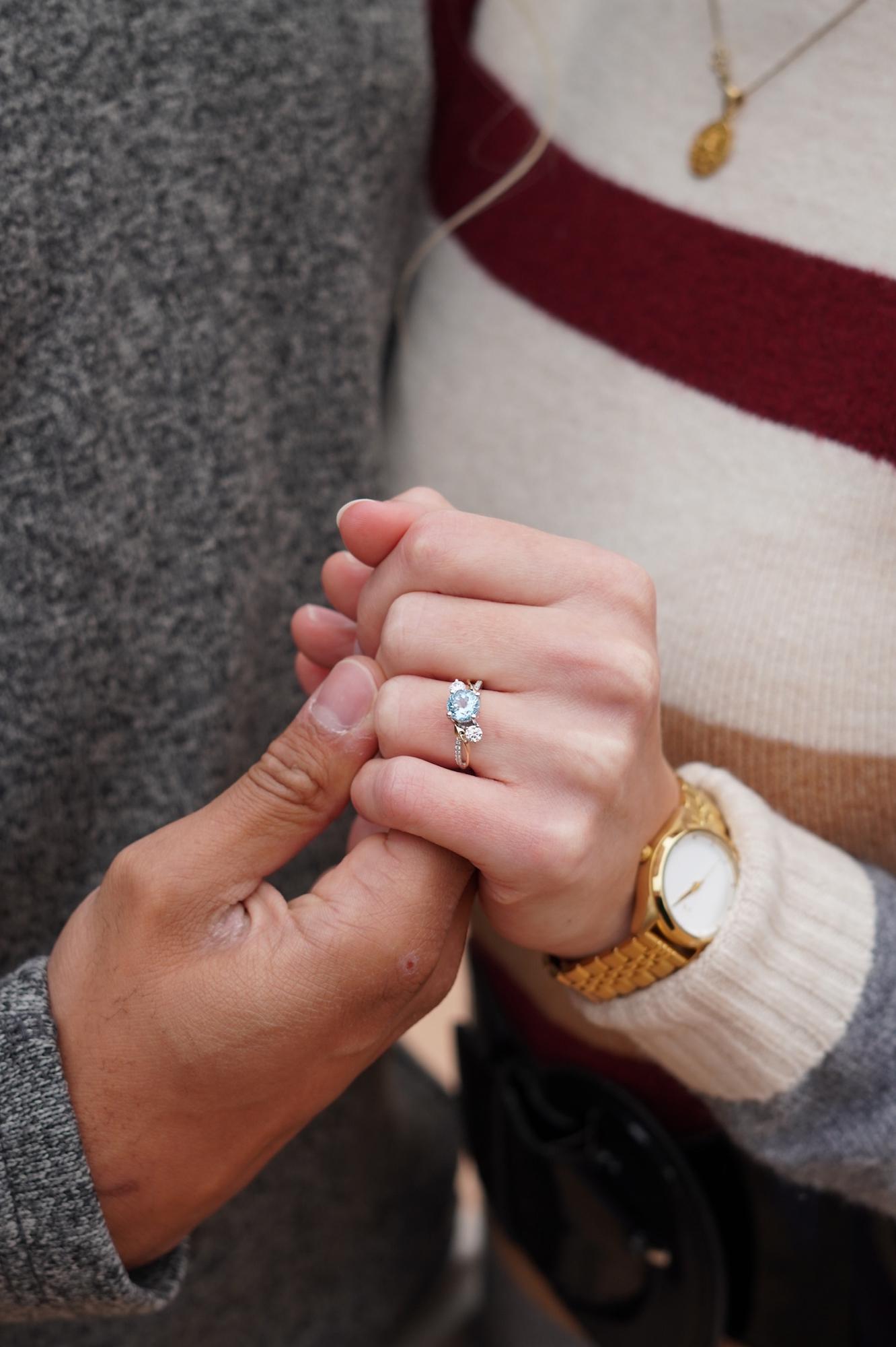 Here is a close up of the ring. The center stone is an Aquamarine!