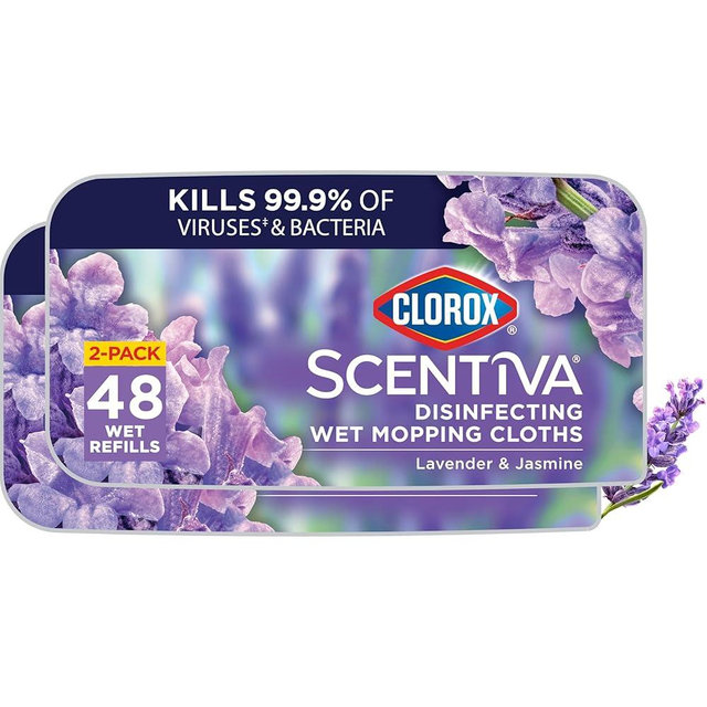 Clorox Scentiva Disinfecting Wet Mop Pad, Disposable Mop Heads, Multi-Surface Floor Wipes, Lavender and Jasmine, 2 Packs, 24 Wet Refills Per Pack (Package May Vary)