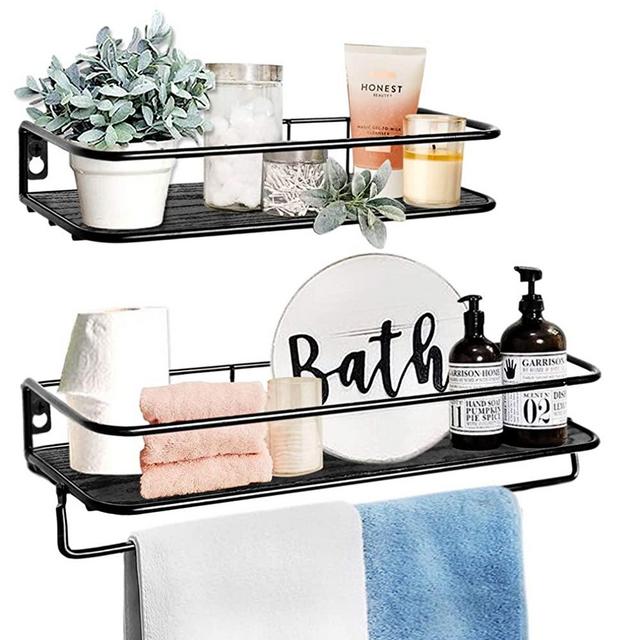 QEEIG Floating Shelves Bathroom Farmhouse Wall Mounted Shelf with Towel Bar Kitchen Shelving Rustic Shelfs Set of 2 (Black)