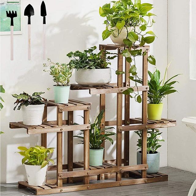 YINUODAY Wooden Plant Stand Indoor&Outdoor, Foldable Flower Pot Holder Display Rack, Bamboo Plant Stand Shelf for Garden Lawn Patio Bathroom Office Living Room Balcony