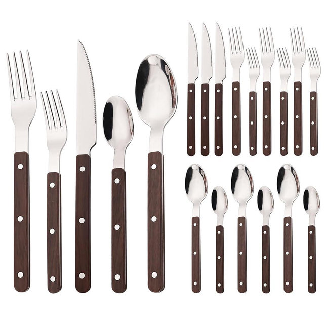 20-Piece Silverware Eating Utensils Set with Retro Handle, Service for 4, BRIIEC Stainless Steel Flatware Knife Fork Spoon Set Mirror Dishwasher Safe - Dark Brown Handle