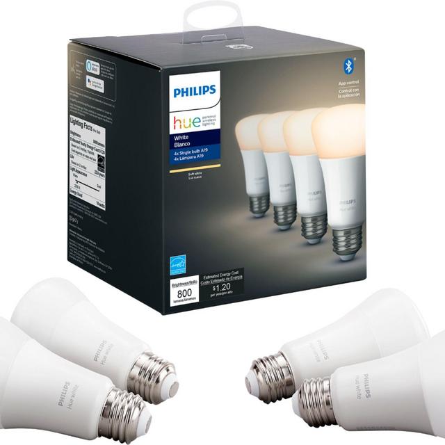 Philips - Hue White A19 Bluetooth Smart LED Bulb (4-Pack) - White