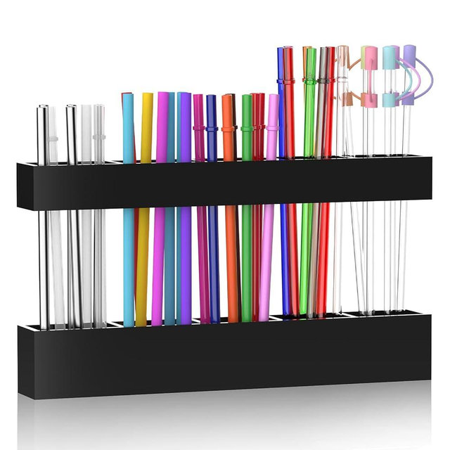 Rycid 9.5” Large Acrylic Straw Holder for Cabinet Door, Reusable Adjustable Two-Part Straws Organizer with Ultra Sticky Adhesive Strips, 2026 Straw Storage for Kitchen Cupboard (Black)
