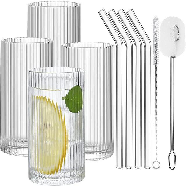 ALINK Ribbed Glassware Set of 4, Vintage Drinking Glasses Cups with Straws, Ripple Iced Coffee Cups, Origami Style Ridged Tumbler for Coocktail, Whiskey, Beer, Water- 2 Cleaning Brush
