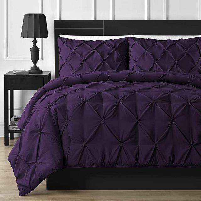 Premium Quality - Oversized Super King Size (120" x 98") Inches, 3pc Pinch Pleated Comforter Set 400 GSM 800 Thread Count 100% Egyptian Cottont - Plum Solid