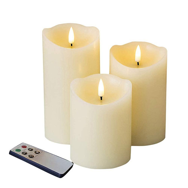 Eywamage Real Wick Wax Flameless Candles with Remote Set of 3, Electric LED Pillar Candles Battery Operated Ivory Timer Fake Candles, 3 Inch Diameter 4 5 6 Inch Tall