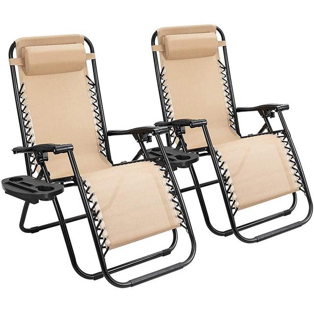 Flamaker Patio Zero Gravity Chair Outdoor Recliners Folding Lounge Chair Adjustable Lawn Lounge Chair with Pillow for Poolside, Yard and Camping (Beige)