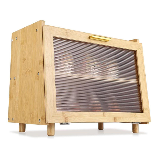 Acekool 2-Layer Bread Box, Modern Countertop Bread Storage with Fence Top, Transparent Door, Corner Bread Keeper, Beige