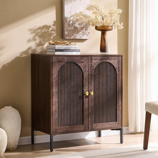 IFBUY Modern Sideboard Buffet Cabinet, 34" Tall Fluted Arched Buffet Cabinet with Storage and Adjustable Shelf, Wooden Modular Coffee Bar Cabinets for Kitchen, Entryway, Brown