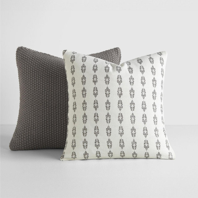 2-Pack Gray Throw Pillows Seed Stitch Knit with Cotton Patterns in Folk Leaves - Becky Cameron, Gray