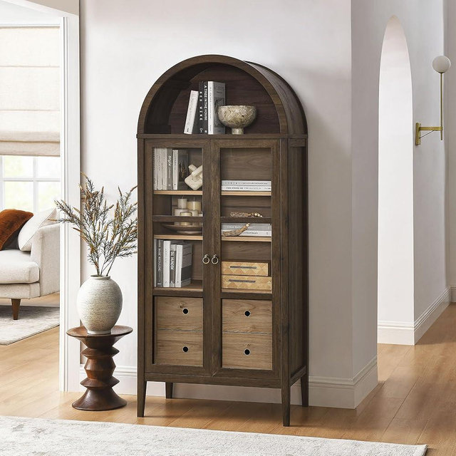 Modway Nolan Modern Farmhouse 71 Inch Tall Arched Storage Display Cabinet in Walnut Hickory Wood Grain - 4-Tier Bookcase with Glass Doors and Shelves - Arch Accent Cabinet for Living Room