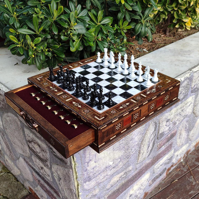 Handmade Wooden Chess Set – with Metal Pieces and Storage, Personalized Gift
