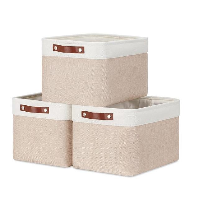 DULLEMELO Fabric Storage Bins, Storage Baskets for Organizing, Collapsible Rectangular Fabric Baskets for Shelves, Empty Gift Baskets (3-Pack Medium-15 inch X 11 inch X 9.5 inch , White&Khaki)