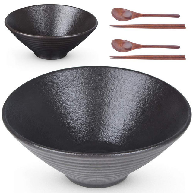 Large Ceramic Ramen Bowl (2 Sets 6 PCS) , 60 oz, for Soup, Noodle, Pho, Udon and Soba, with Matching Spoons, Chopsticks, matting black