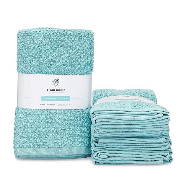 Clean Mama Bar Mop Cleaning Towels, Aqua Set of 6, 100% Cotton Kitchen Utility Towels