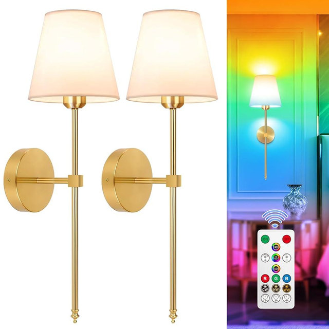 Adetu Battery Operated Wall Sconce Set of 2, 5CCT Gold Rechargeable Wall Lights with Remote, 10 RGB Dimmable Colors Wireless Battery Powered Wall Sconce Wall Lamp for Bedroom Living Room Wall Decor
