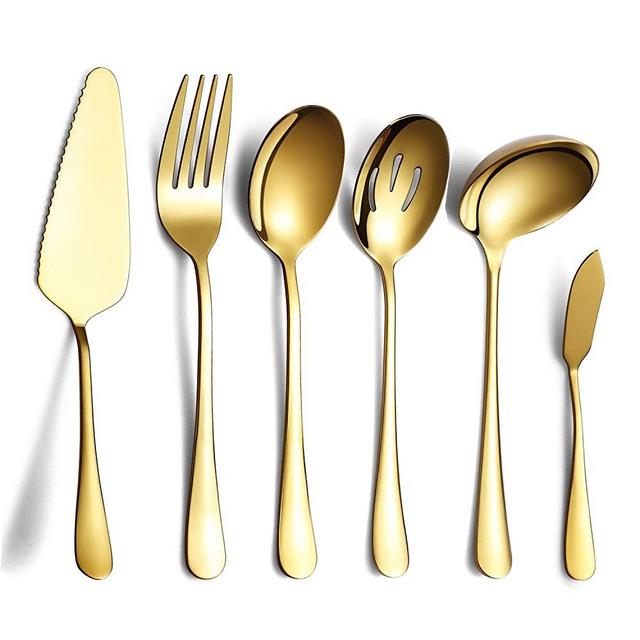 6-Piece Gold Serving Flatware Silverware Set,Stainless Steel Serving Utensil Set,Include Cake Server, Slotted Serving Spoon, Serving Spoon, Cold Meat Fork, Butter Knife, Soup Ladle