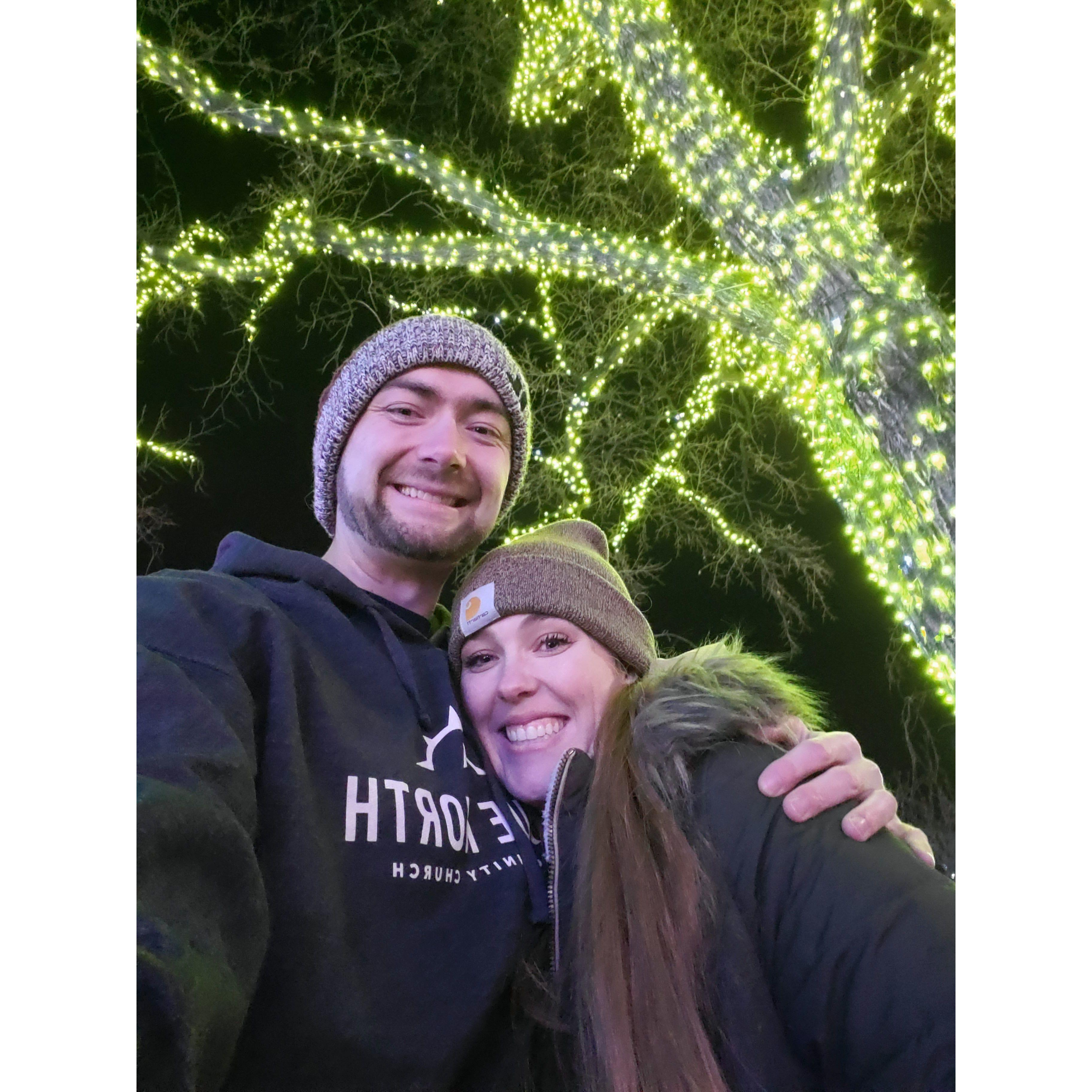 Nearing our first Christmas walking through the trees lit up with lights.