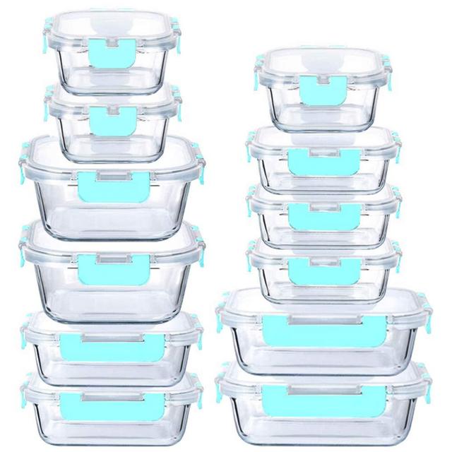 24-Piece Glass Food Storage Containers Set with Locking Lids Leak Proof Meal Prep Containers (Blue)