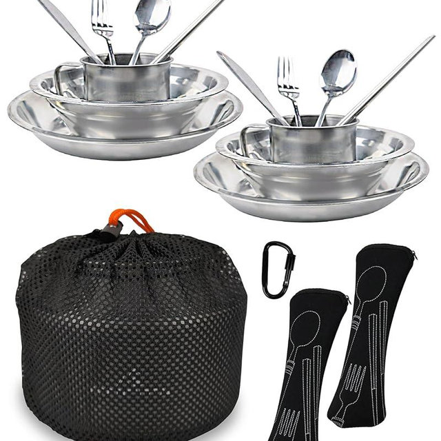 Stainless Steel Camping Mess Kit - Person's Complete Picnic & Camp Dish Set, Includes Plate, Bowl, Cup & Utensils