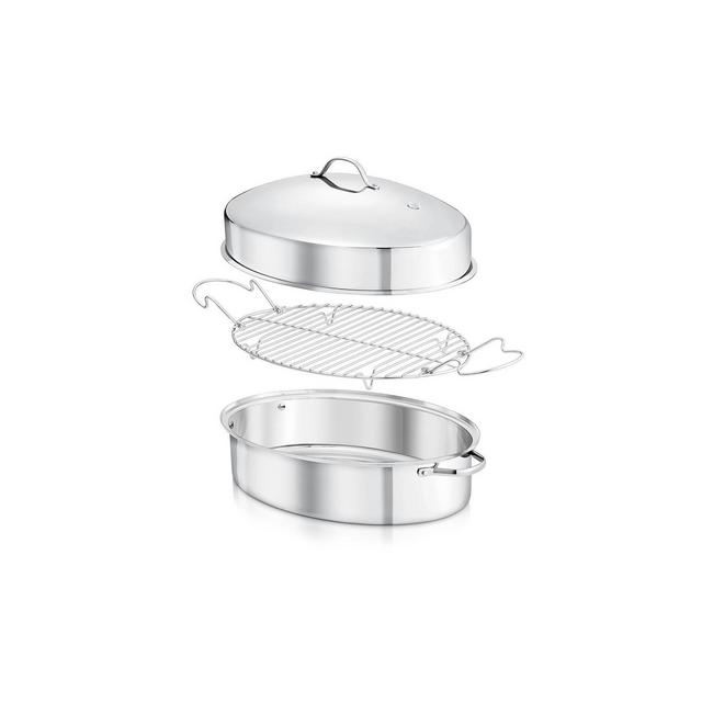 NutriChef Oval Roasting Pan, Roaster with Polished Rack, Wide Handle and Stainless Steel Lid