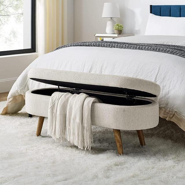 Polibi Oval Storage Bench, Linen Fabric Upholstered Bench with Solid Wood Legs for Bed Side, Entryway, Living Room, Beige