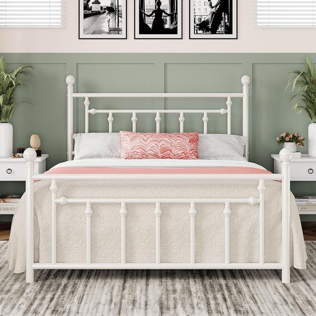Allewie 14 Inch Queen Size Metal Platform Bed Frame with Victorian Vintage Headboard and Footboard/Mattress Foundation/Under Bed Storage/No Box Spring Needed/Easy Assembly/Noise-Free/White