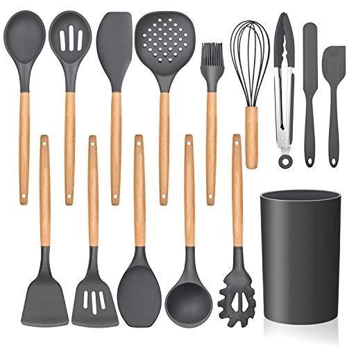 LIANYU 15-Piece Kitchen Silicone Cooking Utensils Set with Holder, Wooden Handle Kitchen Tools Include Spatula Tong Slotted Spoon Turner Whisk Brush, Black Gray