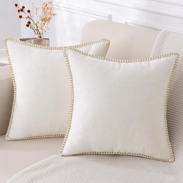 decorUhome Chenille Soft Throw Pillow Covers 22x22 Set of 2, Farmhouse Velvet Pillow Covers, Decorative Square Pillow Covers with Stitched Edge for Couch Sofa Bed, Cream White