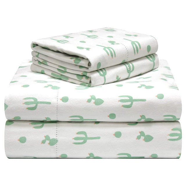 Pointehaven 180 GSM Velvet Feel Luxury Cotton Printed Flannel Sheet Set, Queen, Cactus