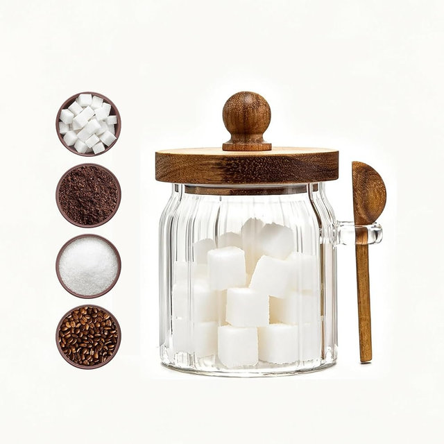 Steviieden Vintage Glass Jar Sugar Container with Wooden Spoon Lid, 14 FL OZ Airtight Glass Jar for Coffee Cereal Candy Nuts Salts Coffee Tea Spice