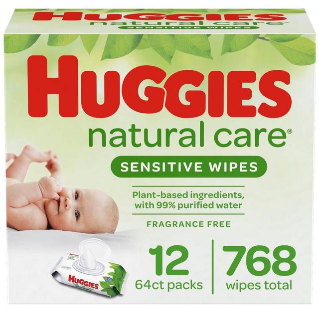 Huggies Natural Care Sensitive Baby Wipes Unscented, 12 Flip-Top Packs (768ct)