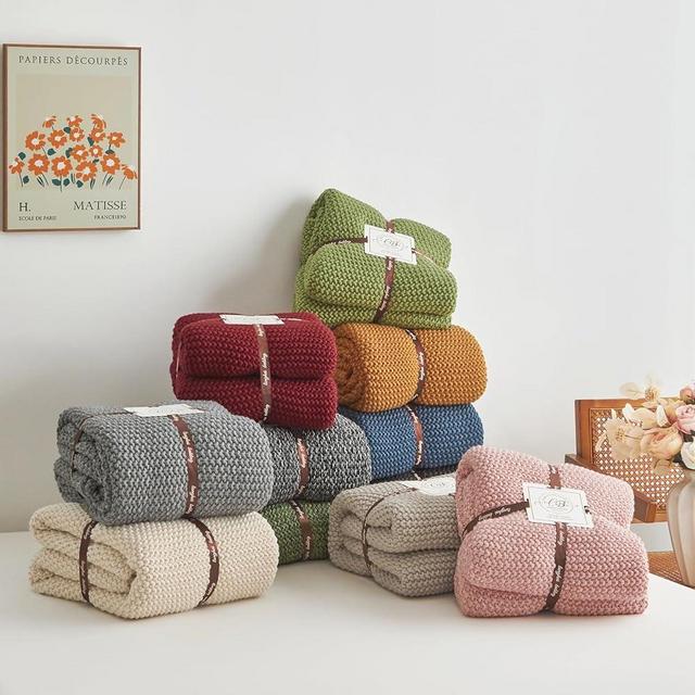 Longhui bedding Chunky cable knit Throw Blanket for Couch Sofa Bed Fall Lightweight Soft Cozy Throw Blanket Decorative 51" x 63" Housewarming Gift (Beige) Give Laundering Bag