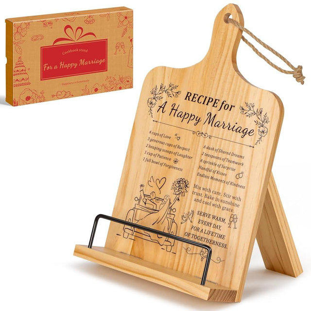 PUERSI Cookbook Stand, Wedding Gift for Newlyweds, Wooden Recipe Book Holder, Best Wedding Anniversary Gifts Ideas for Couples, Adjustable Cook Book Stand for Kitchen Counter