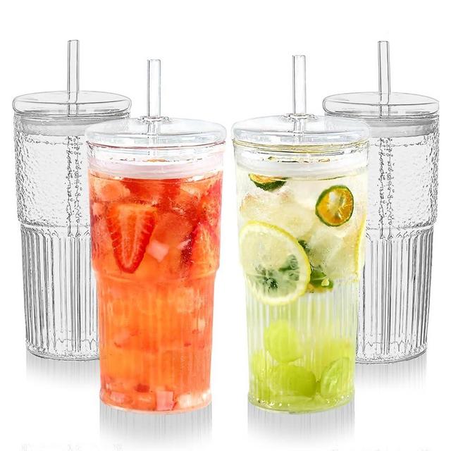 Puraville 4 Pack 20oz Glass Cups with Lids and Straws, Mason Jar High Borosilicate Drinking Glasses Iced Coffee Cup, Glass Tumbler Smoothie Cup for Long Drinks, Clear