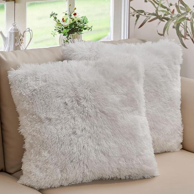 Cheer Collection Throw Pillows for Couch and Bed, Soft Shaggy Throw Pillows with Inserts Included, Cozy Long Hair Faux Fur Pillows - Set of 2-18" x 18" - White