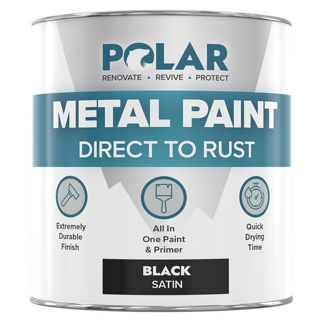 Polar Metal Paint - 1 Litre - Satin Black - Direct to Rust All-in-One Primer, Undercoat, and Topcoat in One - Rust-Resistant Black Paint for Metal, Steel, Aluminium & Galvanised Iron