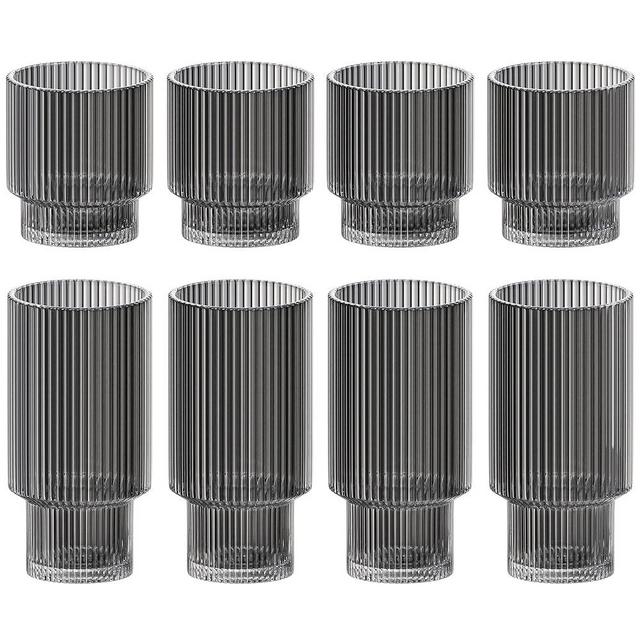 Vintage Art Deco 8 Pack Drinking Glasses | 4pcs Highball Glasses (11oz) & 4pcs Rock Glass Cups (9oz) | Ribbed Glassware; Glass Tumbler for Cocktail, Gin, Whiskey | Iced Coffee Glasses (Smoke)