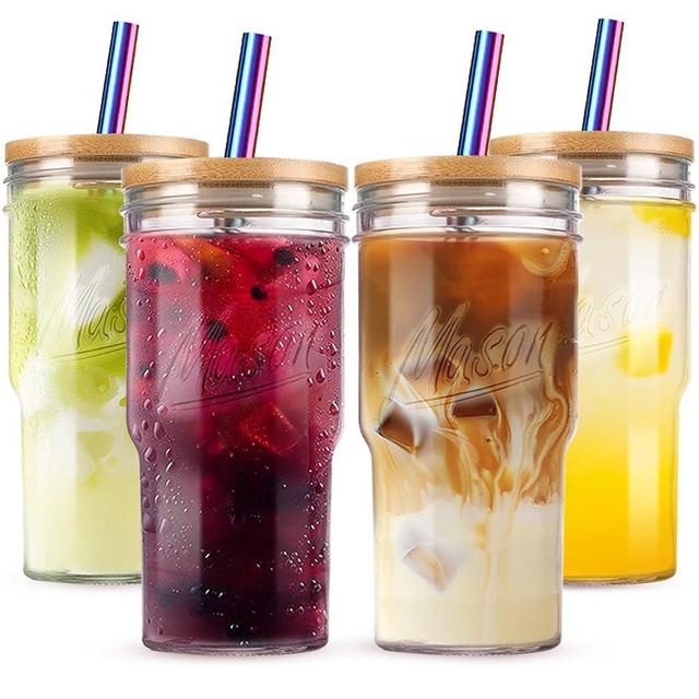 24 oz Glass Cups with Lids and Straws - 4 Pack Glass Tumbler Cups Wide Mouth Mason Jar Drinking with Bamboo Lid and Straw, Reusable Glass Tea Cup for Smoothie, Iced Coffee, Water, Juice, Milk