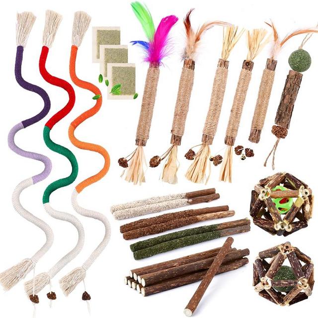 WOUSEDO 27 Pack Catnip Chew Toys for Cats,Cotton Sisal Rope Toys,Cat Natural Silvervine Sticks,for Cat Teeth Cleaning and Dental Care,Interactive Cat Toy for Bored Indoor Cats
