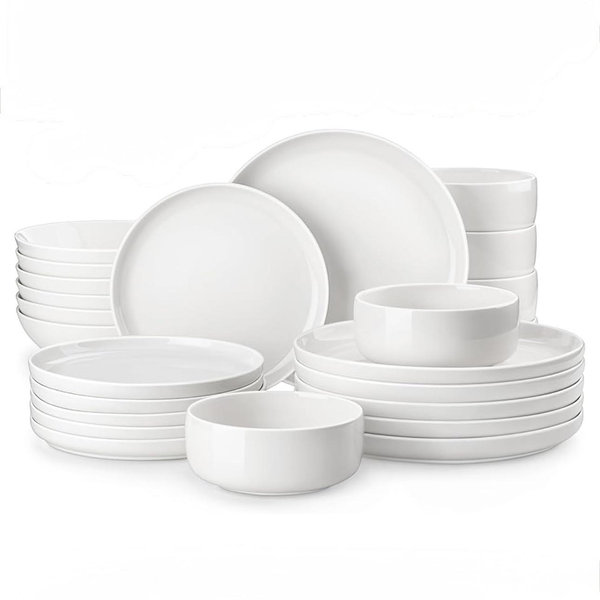 MALACASA Plates and Bowls Sets, 24 Pieces Modern Porcelain Dinnerware Set for 6 Ceramic Dishware Dishes White Kitchen Dinner Dining Ware Set Microwave and Dishwasher Safe, Series LUNA