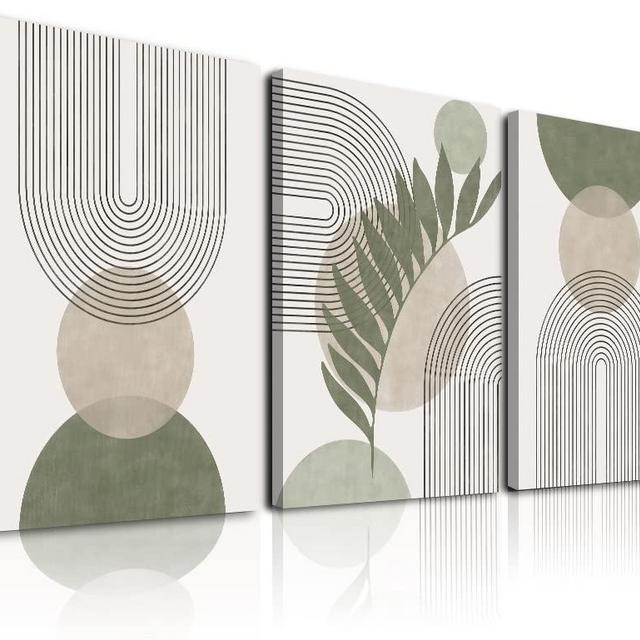 Sage Green Boho Wall Art Set of 3, Minimalist Framed Wall Art Geometric Line Leaf Sun Moon Beige Green Canvas Artwork Paintings, Abstract Botanical Boho Room Decor, Sage Green Wall Posters & Prints for Living Room, Bedroom, Bathroom, Office, 12"x16"