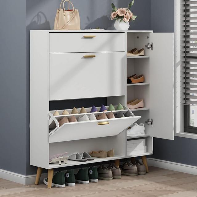 Gyfimoie Shoe Rack Cabinet, Free Standing Shoes Storage Organizer Cabinet with 3 Flip Drawers, Entryway Narrow Shoe Rack Storage with Doors for Entryway