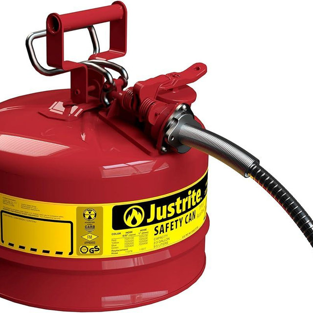 Justrite 2.5 Gallon Type II Red Safety Gas Can for Gasoline with Flame Arrester, Self-Closing Lid, and 5/8" Flexible Metal Spout, Made in the USA, Galvanized Steel Flammable Storage Can, 7225120