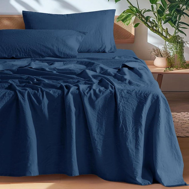SONORO KATE 100% French Pure Linen Sheets, Breathable and Durable Line Queen Size Sheets, Anti-Tear Line Bed Sheets, Machine Washable, 16 Inch Deep Pocket - 4 Piece (Navy Blue, Queen)
