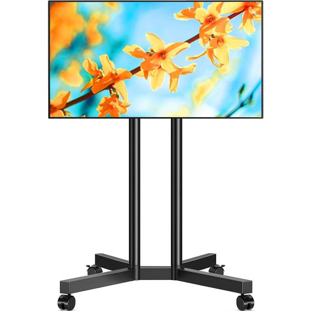 5Rcom Dual-Pole Rolling TV Stand for 32-75 inch LCD LED Flat & Curved TVs, Height Adjustable Portable TV Stand with Lockable Wheels, Mobile TV Cart up to 88lbs for Bedroom, Living Room, Outdoor